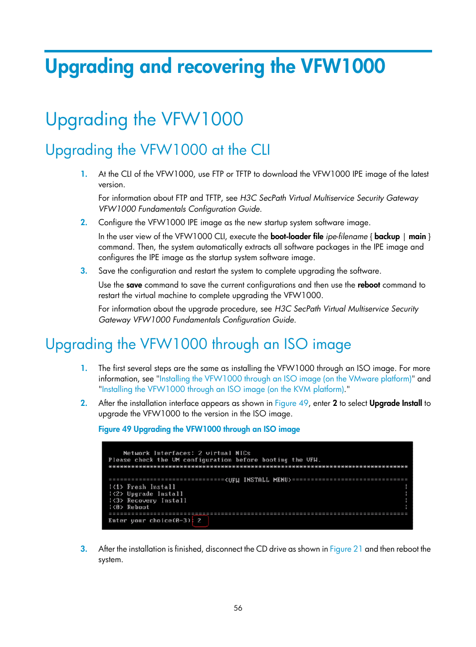 Upgrading and recovering the vfw1000, Upgrading the vfw1000, Upgrading the vfw1000 at the cli | Upgrading the vfw1000 through an iso image | H3C Technologies H3C VMSG VFW1000 User Manual | Page 61 / 95