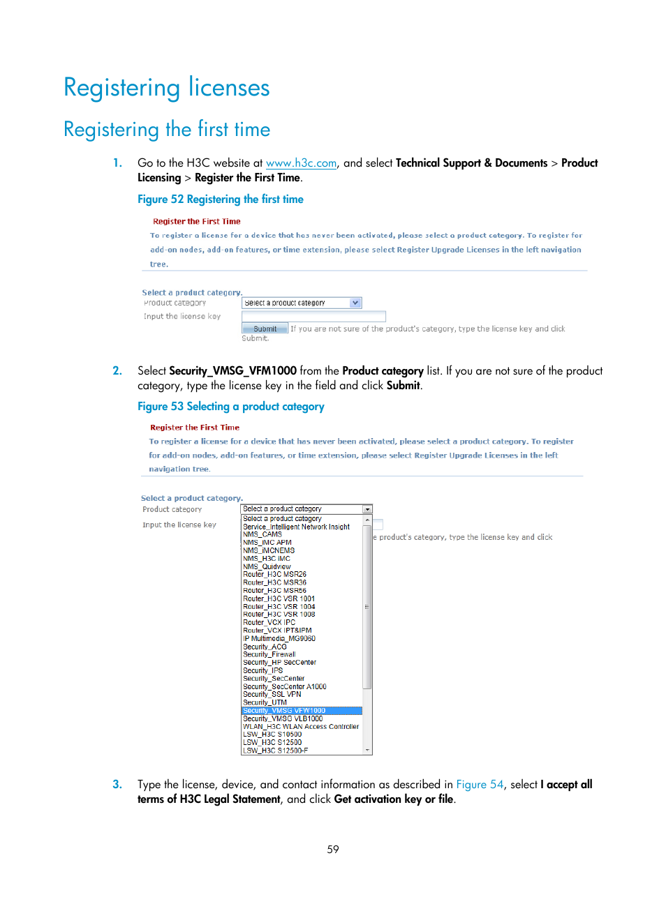 Registering licenses, Registering the first time | H3C Technologies H3C VMSG VFW1000 User Manual | Page 64 / 95