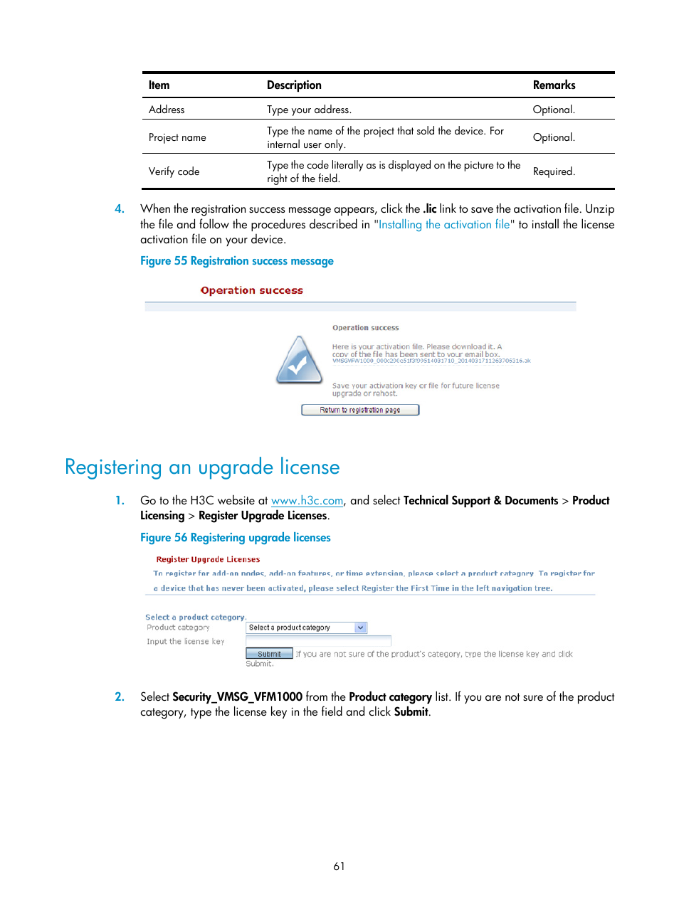Registering an upgrade license | H3C Technologies H3C VMSG VFW1000 User Manual | Page 66 / 95