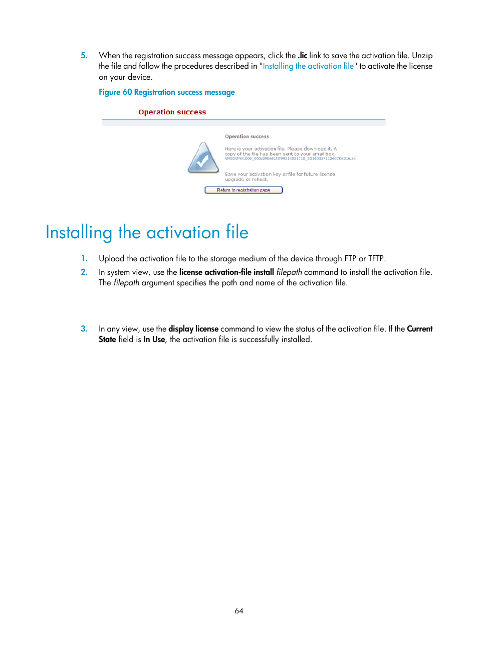 Installing the activation file | H3C Technologies H3C VMSG VFW1000 User Manual | Page 69 / 95