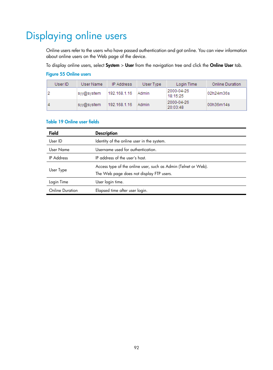 Displaying online users | H3C Technologies H3C SecBlade LB Cards User Manual | Page 102 / 196