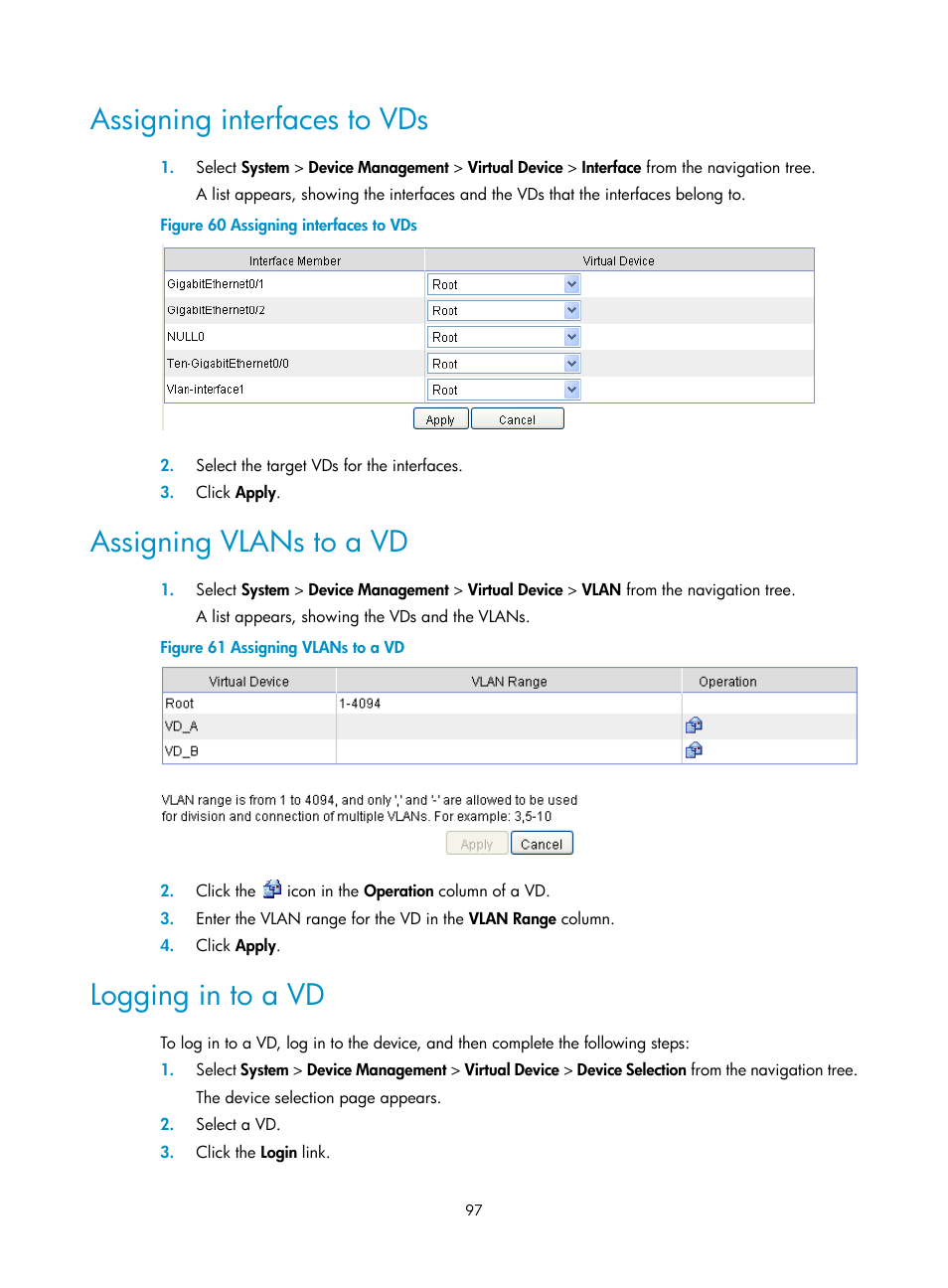 Assigning interfaces to vds, Assigning vlans to a vd, Logging in to a vd | H3C Technologies H3C SecBlade LB Cards User Manual | Page 107 / 196