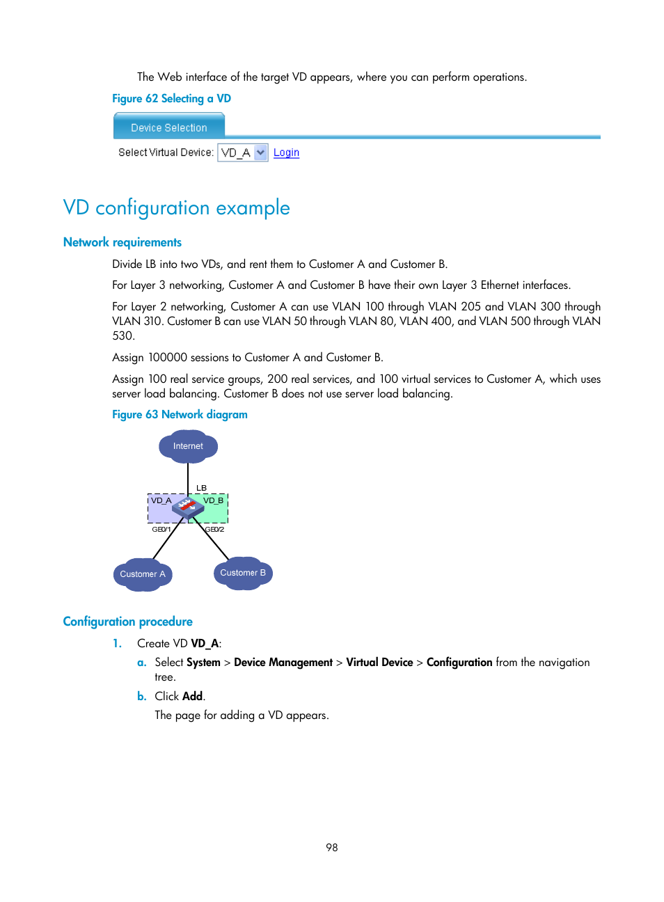 Vd configuration example, Network requirements, Configuration procedure | H3C Technologies H3C SecBlade LB Cards User Manual | Page 108 / 196