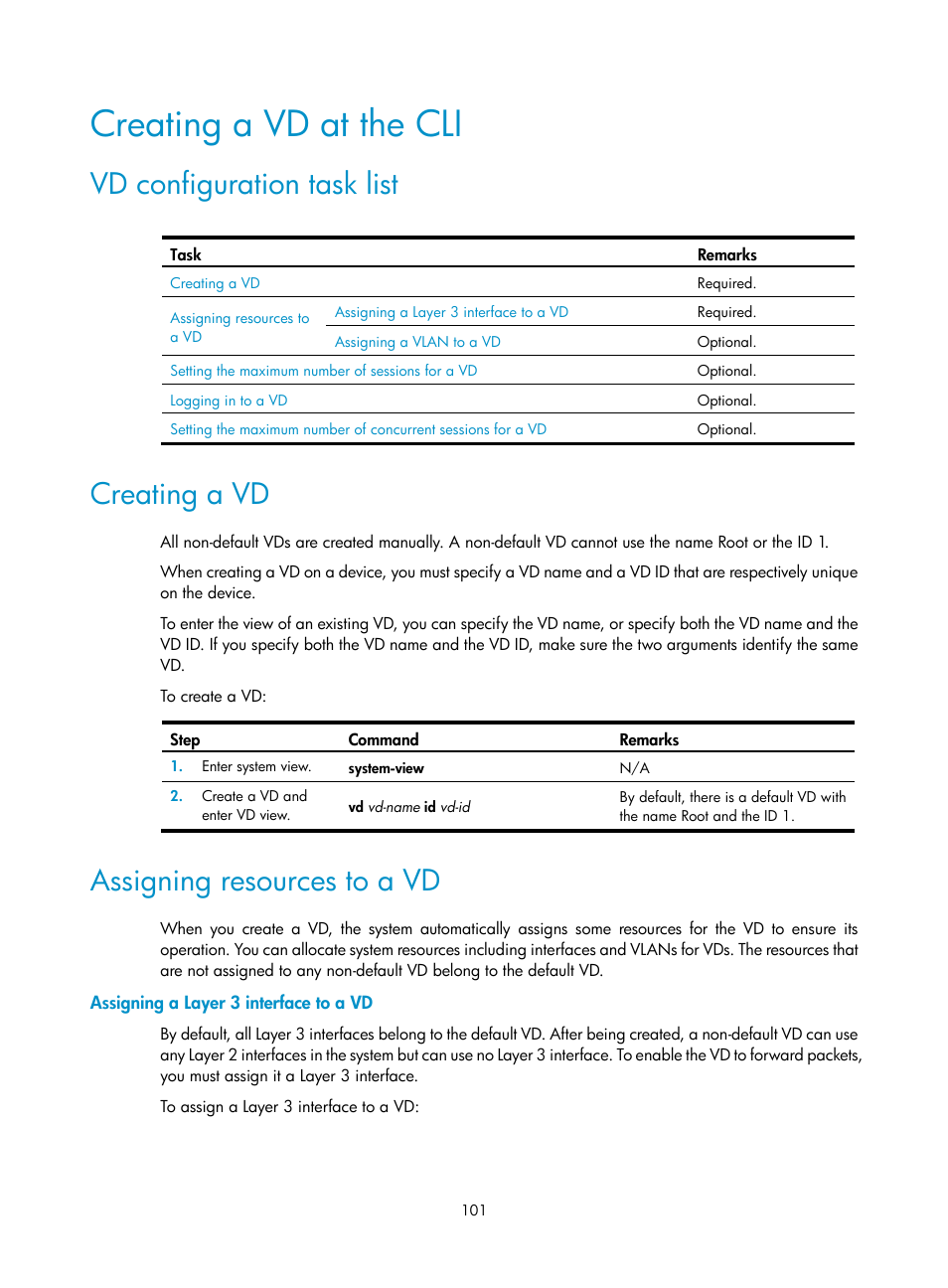 Creating a vd at the cli, Vd configuration task list, Creating a vd | Assigning resources to a vd, Assigning a layer 3 interface to a vd | H3C Technologies H3C SecBlade LB Cards User Manual | Page 111 / 196