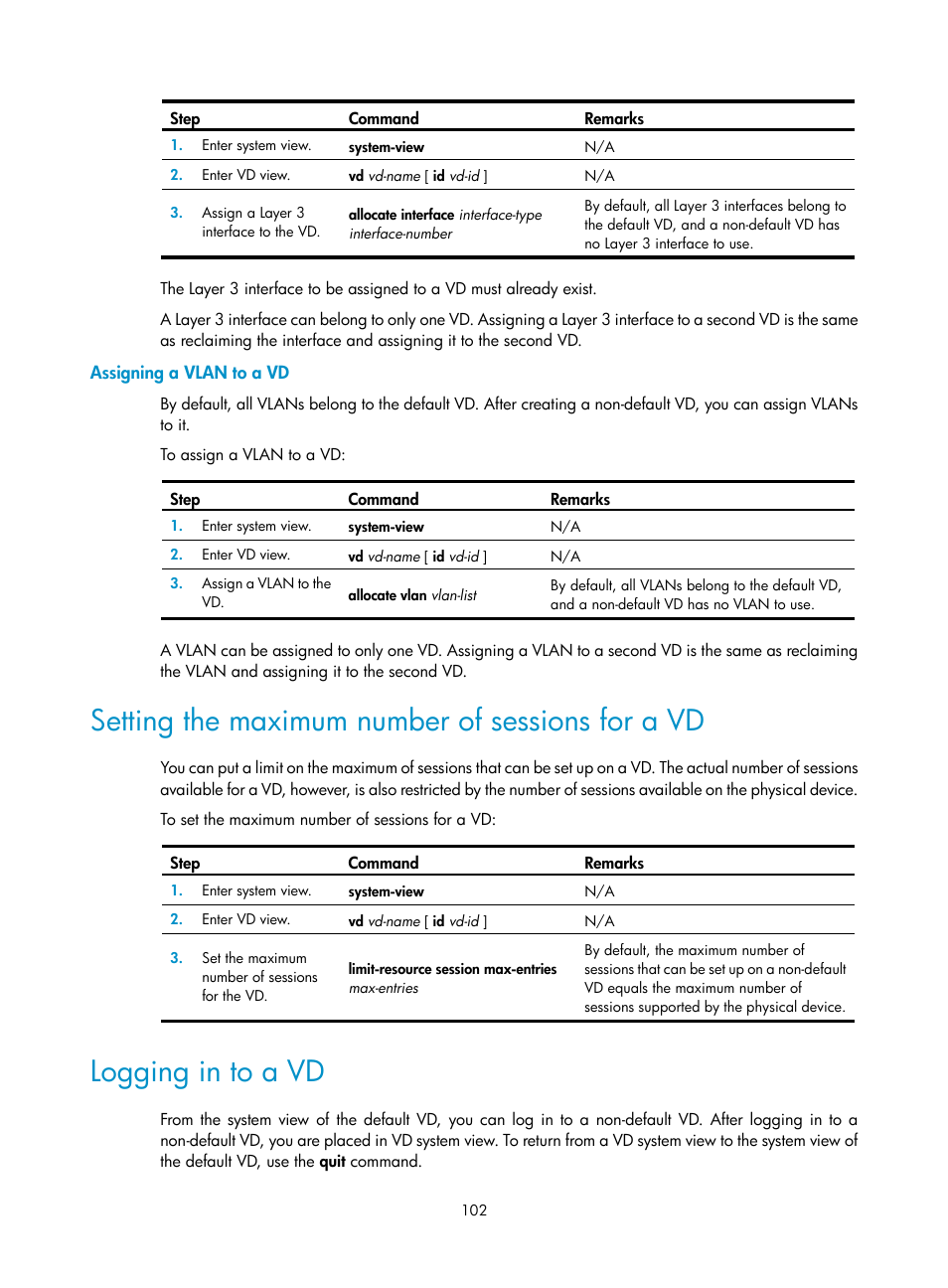 Assigning a vlan to a vd, Setting the maximum number of sessions for a vd, Logging in to a vd | H3C Technologies H3C SecBlade LB Cards User Manual | Page 112 / 196