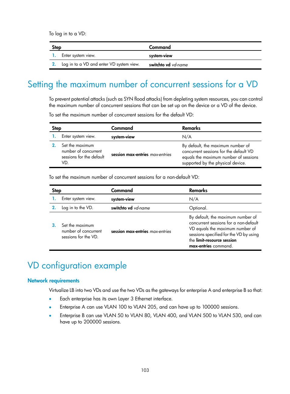 Vd configuration example, Network requirements | H3C Technologies H3C SecBlade LB Cards User Manual | Page 113 / 196