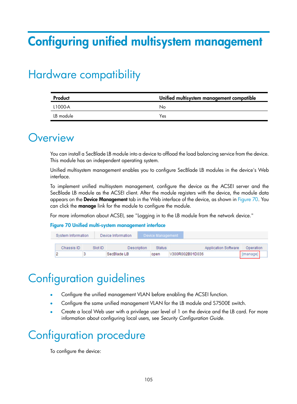 Configuring unified multisystem management, Hardware compatibility, Overview | Configuration guidelines, Configuration procedure | H3C Technologies H3C SecBlade LB Cards User Manual | Page 115 / 196
