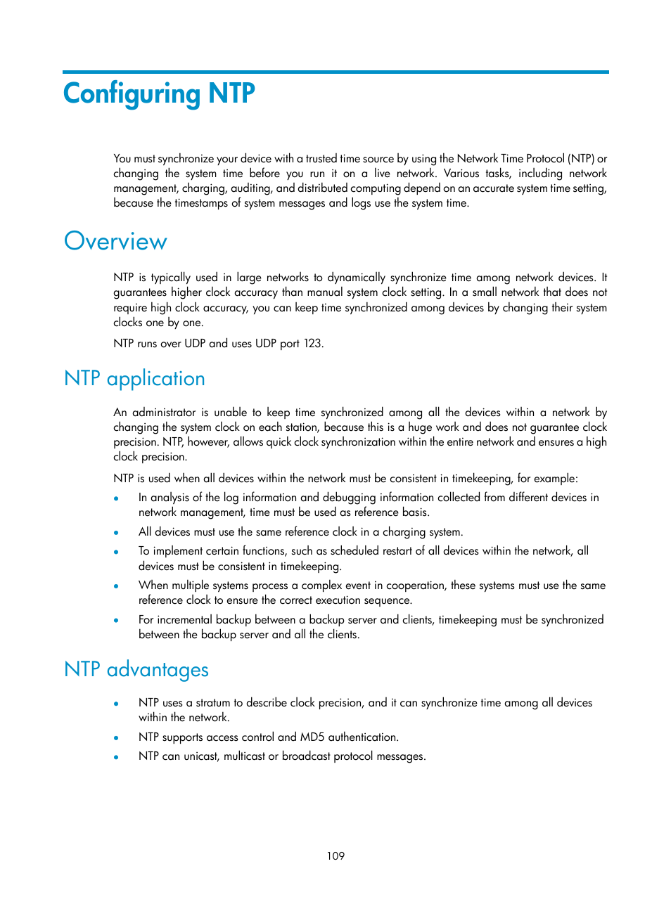 Configuring ntp, Overview, Ntp application | Ntp advantages | H3C Technologies H3C SecBlade LB Cards User Manual | Page 119 / 196