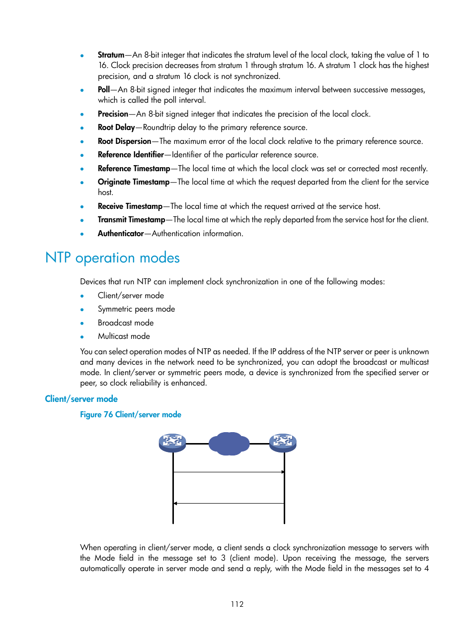Ntp operation modes, Client/server mode | H3C Technologies H3C SecBlade LB Cards User Manual | Page 122 / 196