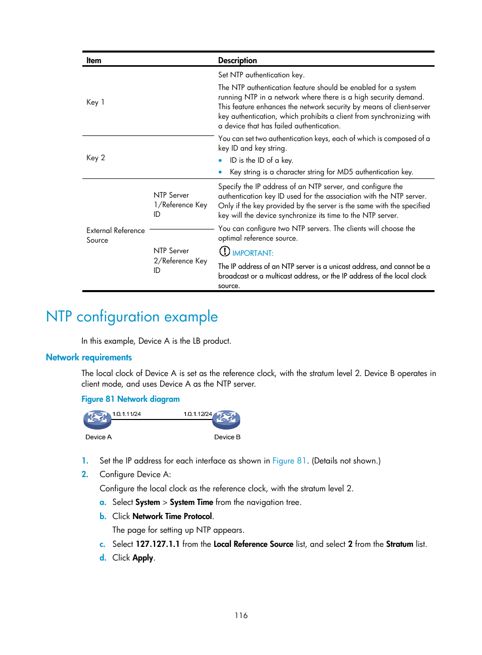 Ntp configuration example, Network requirements | H3C Technologies H3C SecBlade LB Cards User Manual | Page 126 / 196