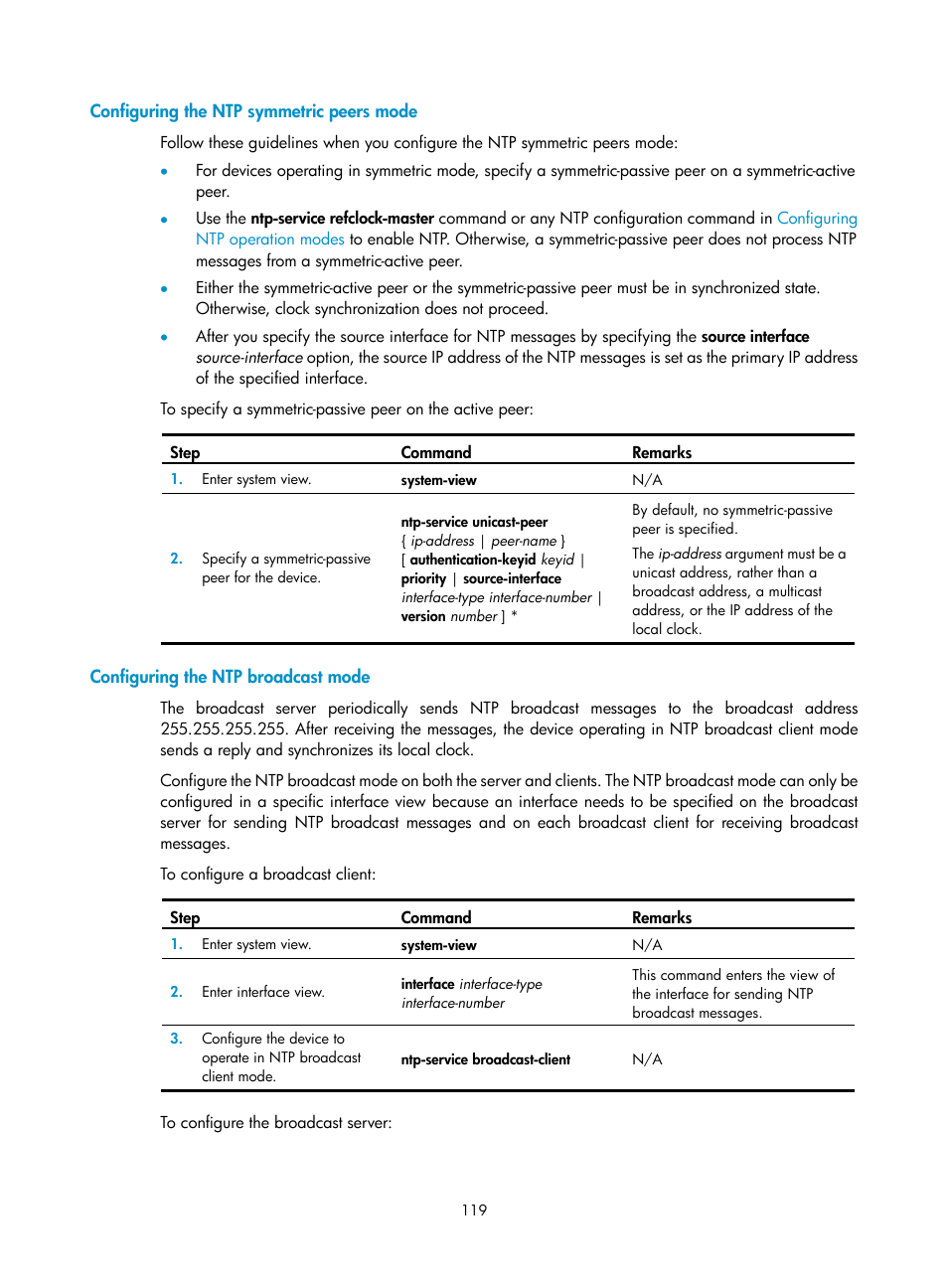Configuring the ntp symmetric peers mode, Configuring the ntp broadcast mode | H3C Technologies H3C SecBlade LB Cards User Manual | Page 129 / 196