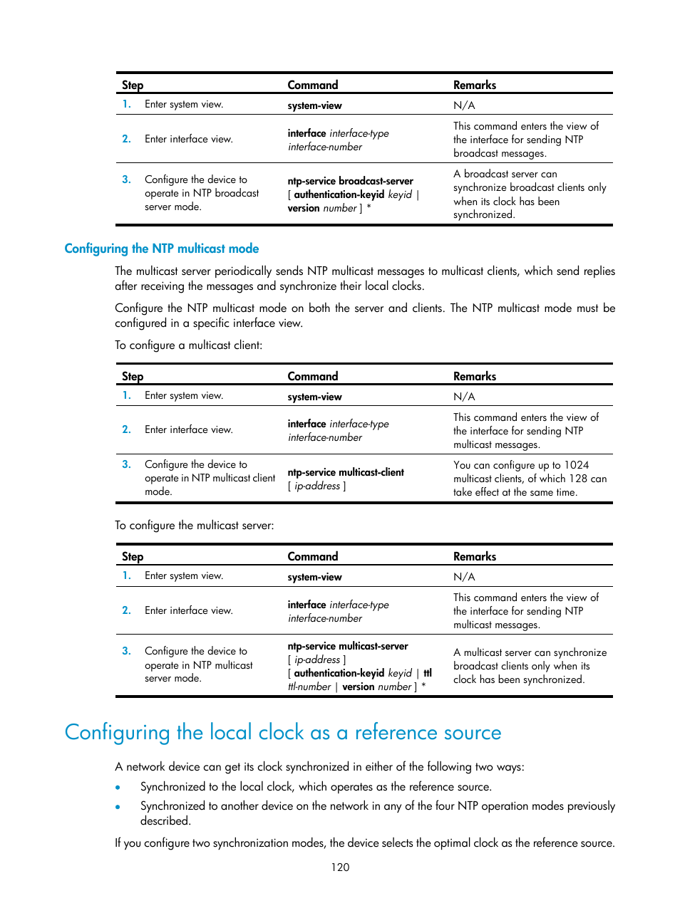 Configuring the ntp multicast mode, Configuring the local clock as a reference source | H3C Technologies H3C SecBlade LB Cards User Manual | Page 130 / 196