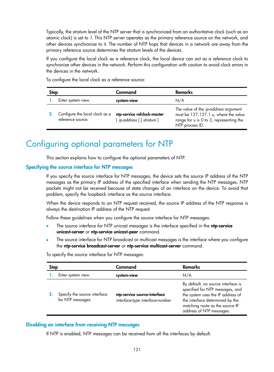 Configuring optional parameters for ntp, Specifying the source interface for ntp messages, Disabling an interface from receiving ntp messages | H3C Technologies H3C SecBlade LB Cards User Manual | Page 131 / 196