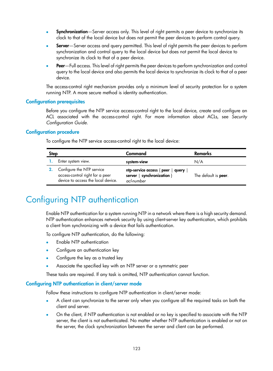 Configuration prerequisites, Configuration procedure, Configuring ntp authentication | H3C Technologies H3C SecBlade LB Cards User Manual | Page 133 / 196