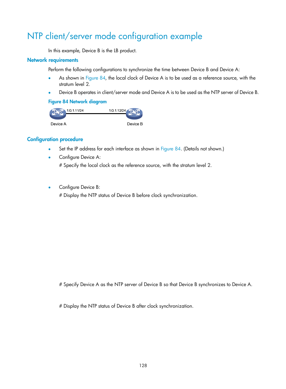 Ntp client/server mode configuration example, Network requirements, Configuration procedure | H3C Technologies H3C SecBlade LB Cards User Manual | Page 138 / 196