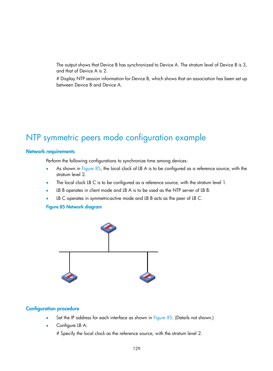 Ntp symmetric peers mode configuration example, Network requirements, Configuration procedure | H3C Technologies H3C SecBlade LB Cards User Manual | Page 139 / 196