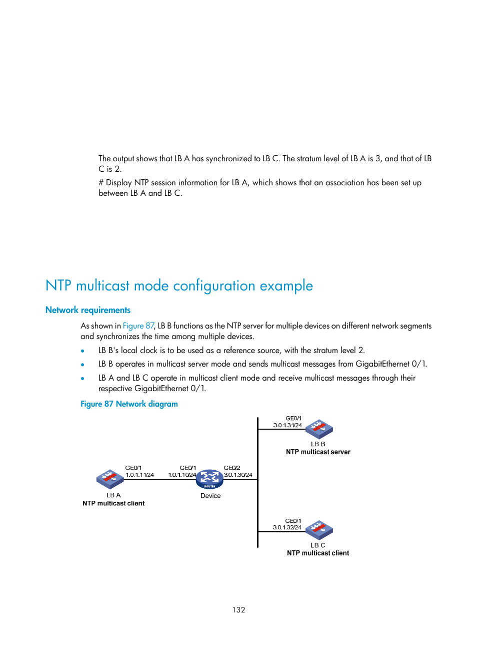 Ntp multicast mode configuration example, Network requirements | H3C Technologies H3C SecBlade LB Cards User Manual | Page 142 / 196