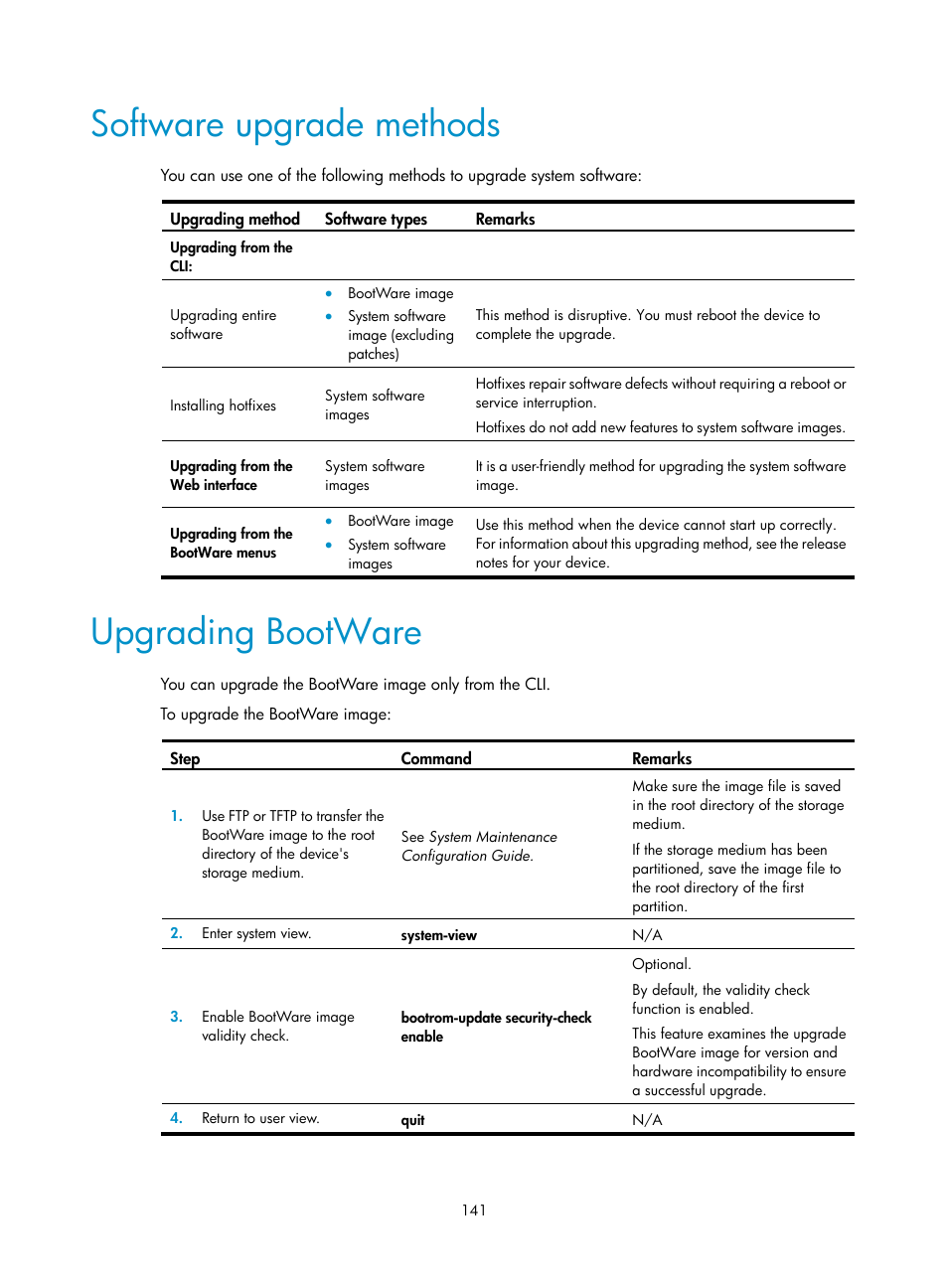 Software upgrade methods, Upgrading bootware | H3C Technologies H3C SecBlade LB Cards User Manual | Page 151 / 196