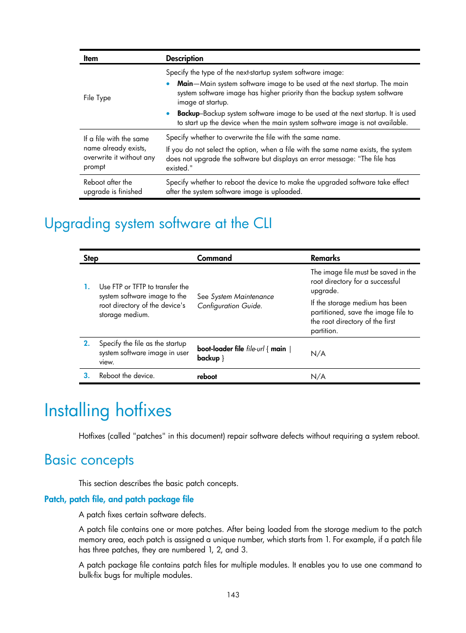 Upgrading system software at the cli, Installing hotfixes, Basic concepts | Patch, patch file, and patch package file | H3C Technologies H3C SecBlade LB Cards User Manual | Page 153 / 196