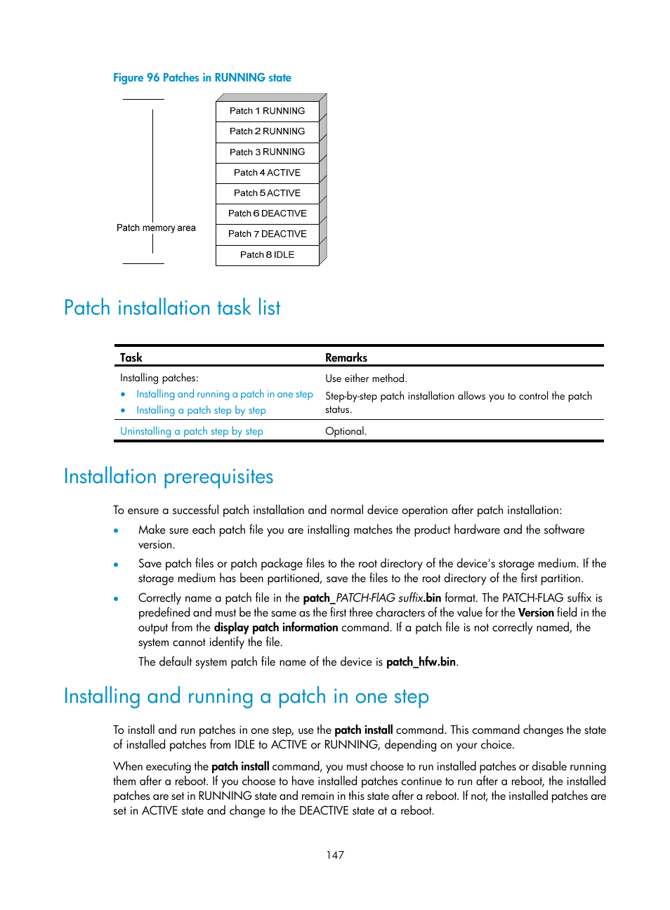 Patch installation task list, Installation prerequisites, Installing and running a patch in one step | Figure 96 | H3C Technologies H3C SecBlade LB Cards User Manual | Page 157 / 196