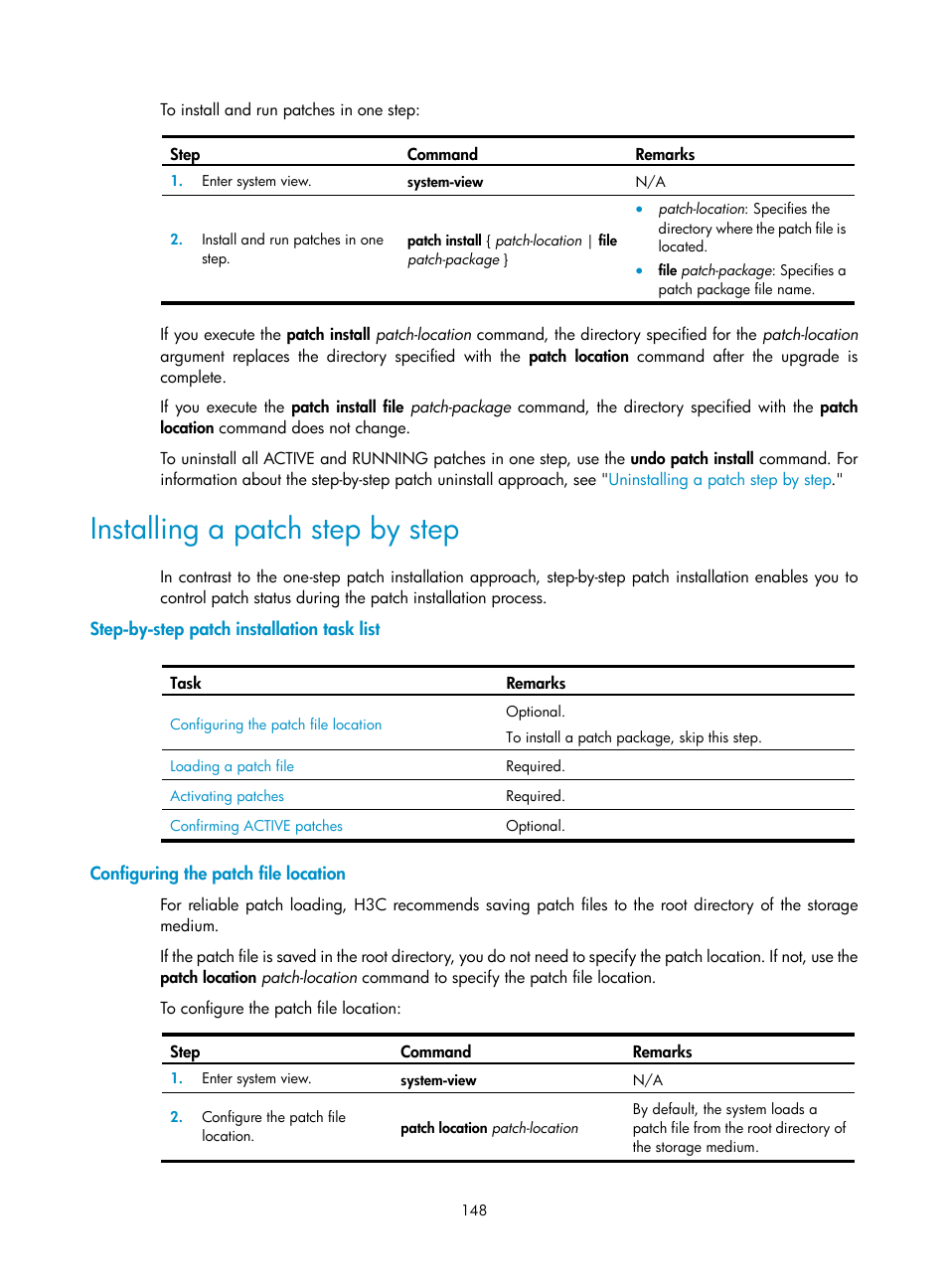 Installing a patch step by step, Step-by-step patch installation task list, Configuring the patch file location | H3C Technologies H3C SecBlade LB Cards User Manual | Page 158 / 196