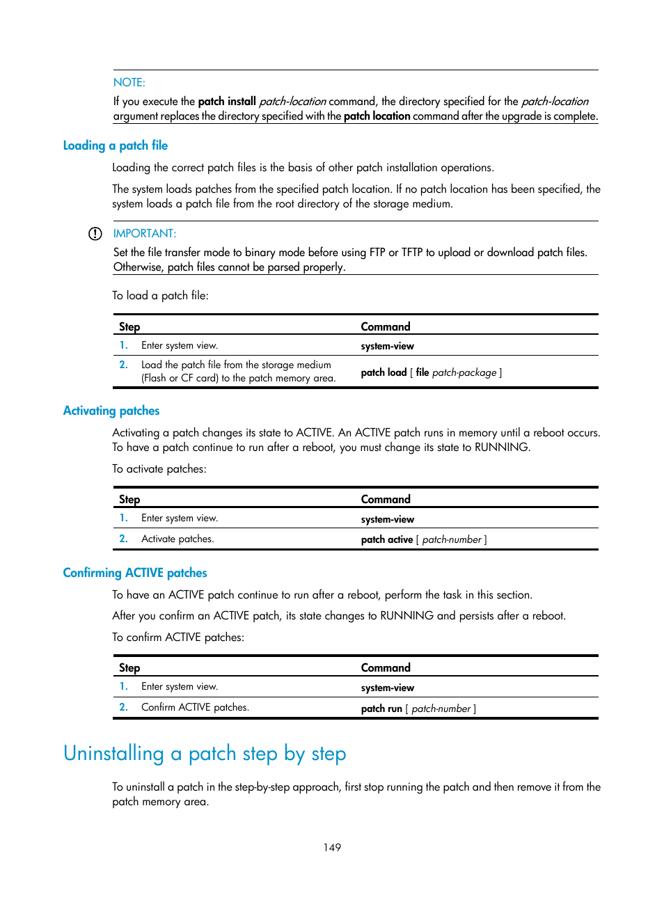Loading a patch file, Activating patches, Confirming active patches | Uninstalling a patch step by step | H3C Technologies H3C SecBlade LB Cards User Manual | Page 159 / 196