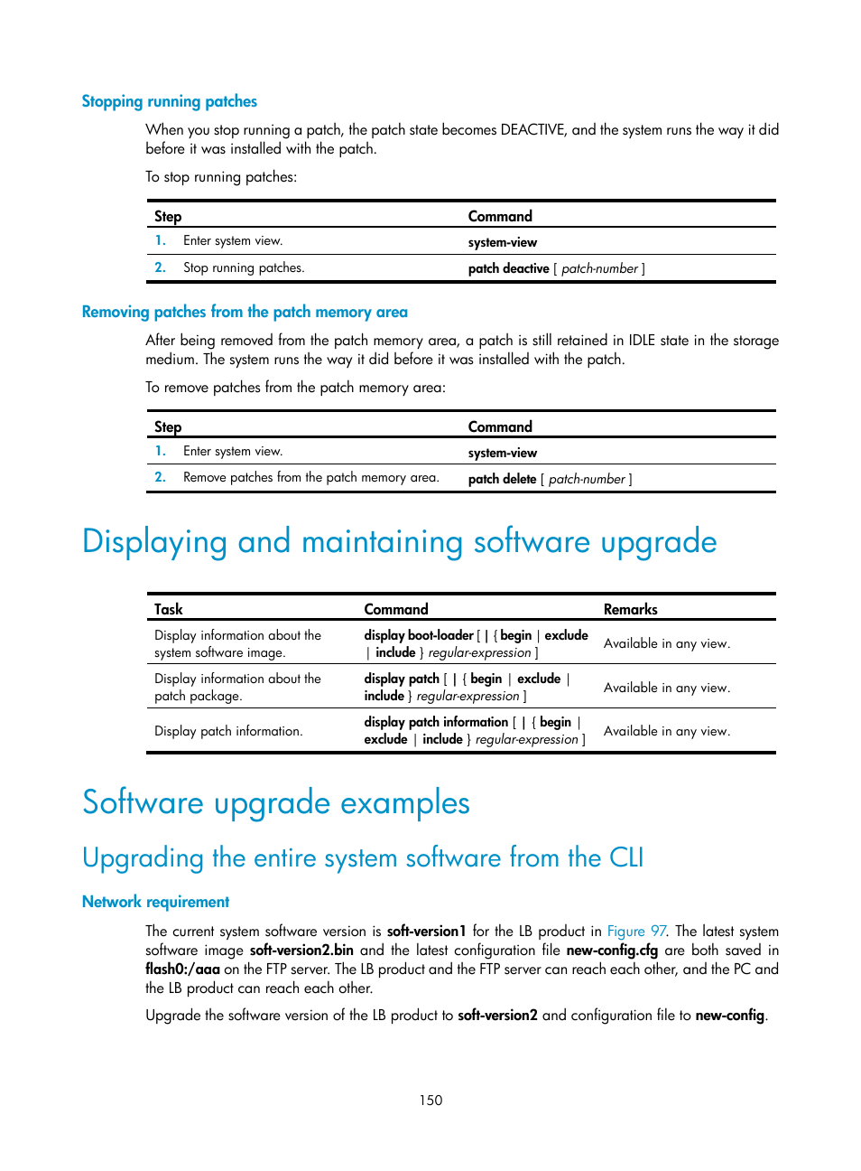 Stopping running patches, Removing patches from the patch memory area, Displaying and maintaining software upgrade | Software upgrade examples, Upgrading the entire system software from the cli, Network requirement | H3C Technologies H3C SecBlade LB Cards User Manual | Page 160 / 196