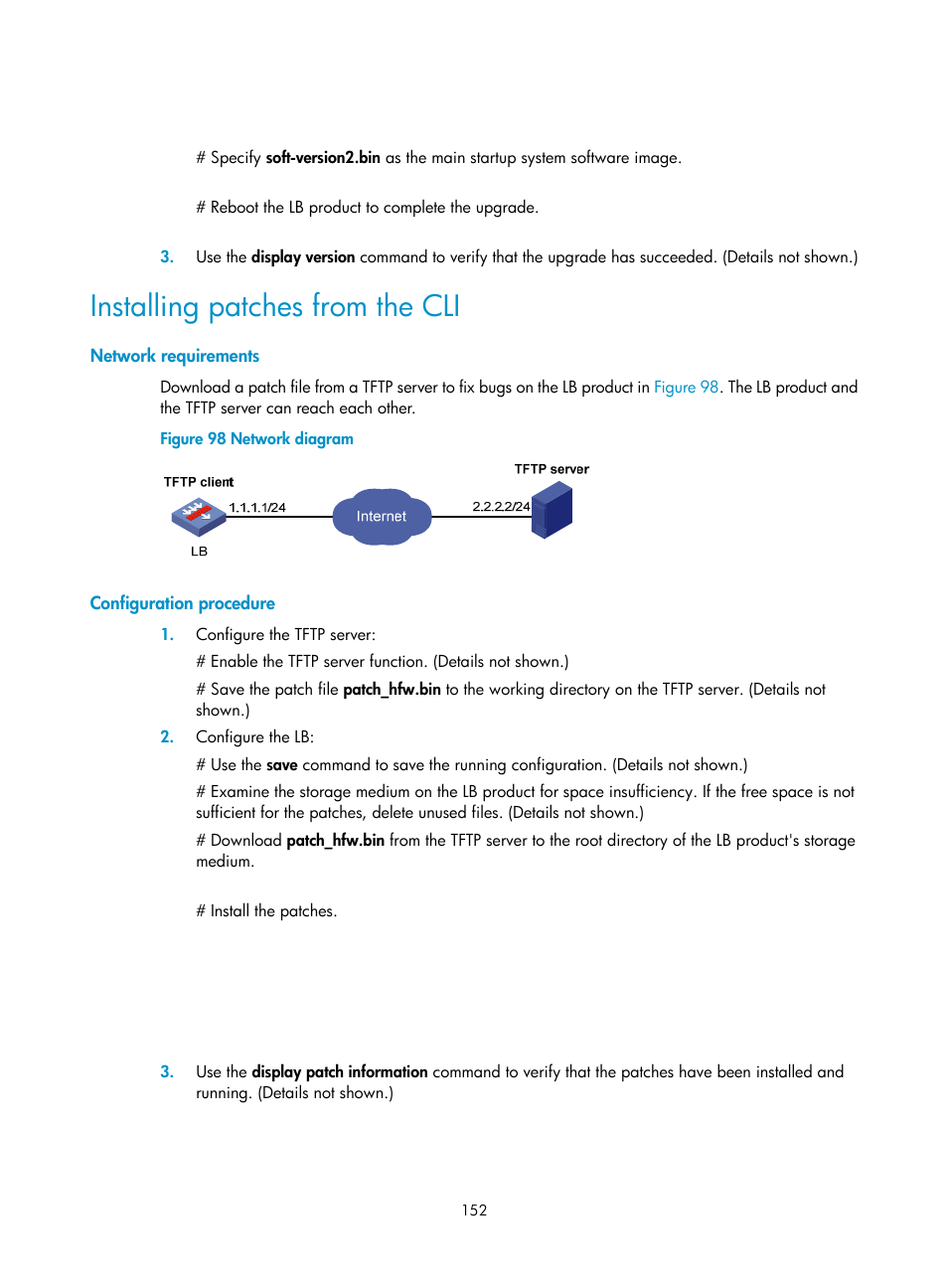 Installing patches from the cli, Network requirements, Configuration procedure | H3C Technologies H3C SecBlade LB Cards User Manual | Page 162 / 196