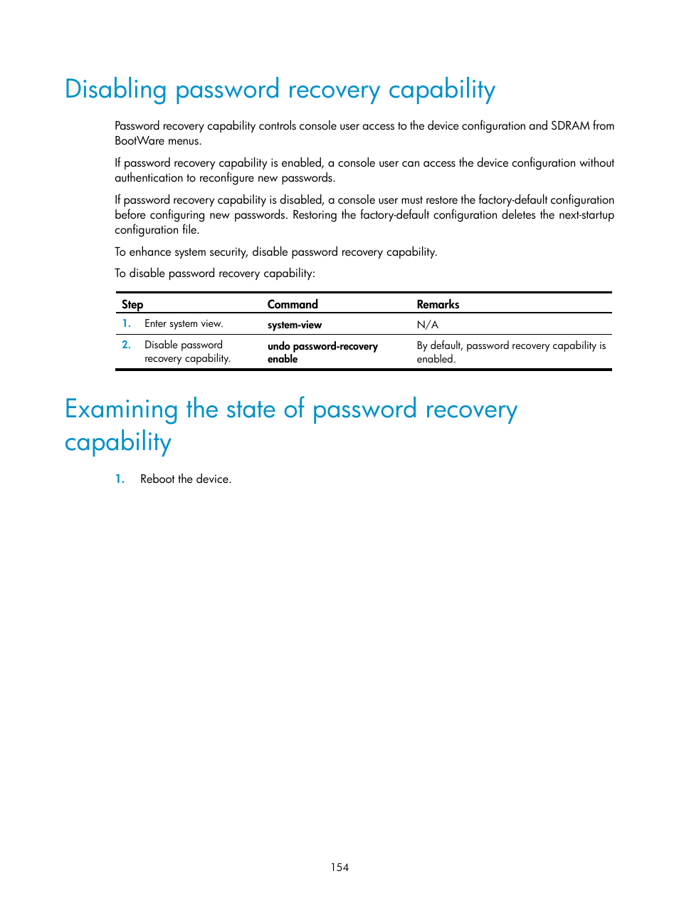 Disabling password recovery capability | H3C Technologies H3C SecBlade LB Cards User Manual | Page 164 / 196
