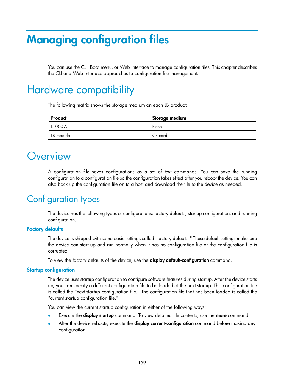 Managing configuration files, Hardware compatibility, Overview | Configuration types, Factory defaults, Startup configuration | H3C Technologies H3C SecBlade LB Cards User Manual | Page 169 / 196