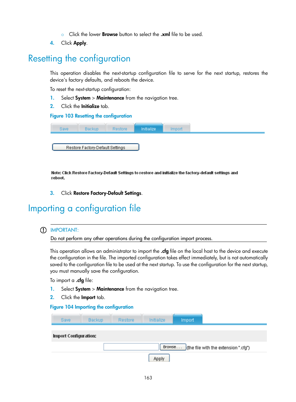 Resetting the configuration, Importing a configuration file | H3C Technologies H3C SecBlade LB Cards User Manual | Page 173 / 196