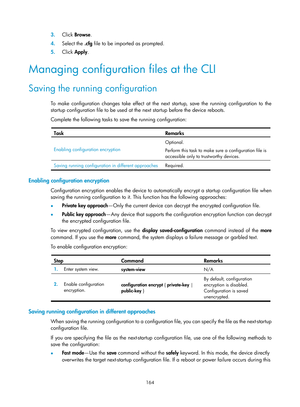 Managing configuration files at the cli, Saving the running configuration, Enabling configuration encryption | H3C Technologies H3C SecBlade LB Cards User Manual | Page 174 / 196