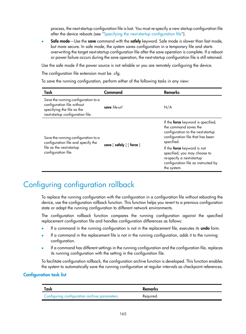Configuring configuration rollback, Configuration task list | H3C Technologies H3C SecBlade LB Cards User Manual | Page 175 / 196