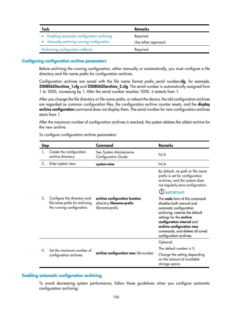 Configuring configuration archive parameters, Enabling automatic configuration archiving | H3C Technologies H3C SecBlade LB Cards User Manual | Page 176 / 196