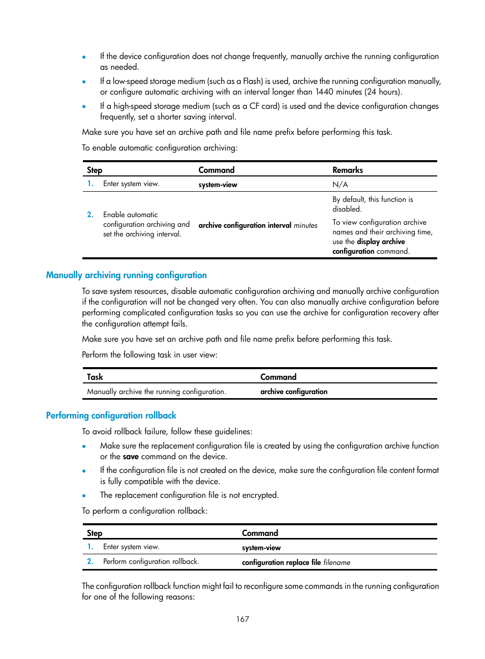 Manually archiving running configuration, Performing configuration rollback | H3C Technologies H3C SecBlade LB Cards User Manual | Page 177 / 196