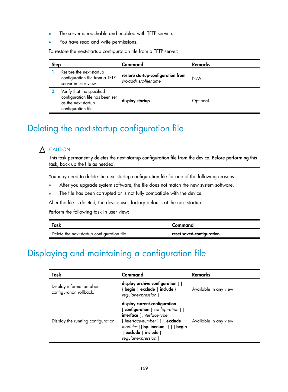 Deleting the next-startup configuration file, Displaying and maintaining a configuration file | H3C Technologies H3C SecBlade LB Cards User Manual | Page 179 / 196