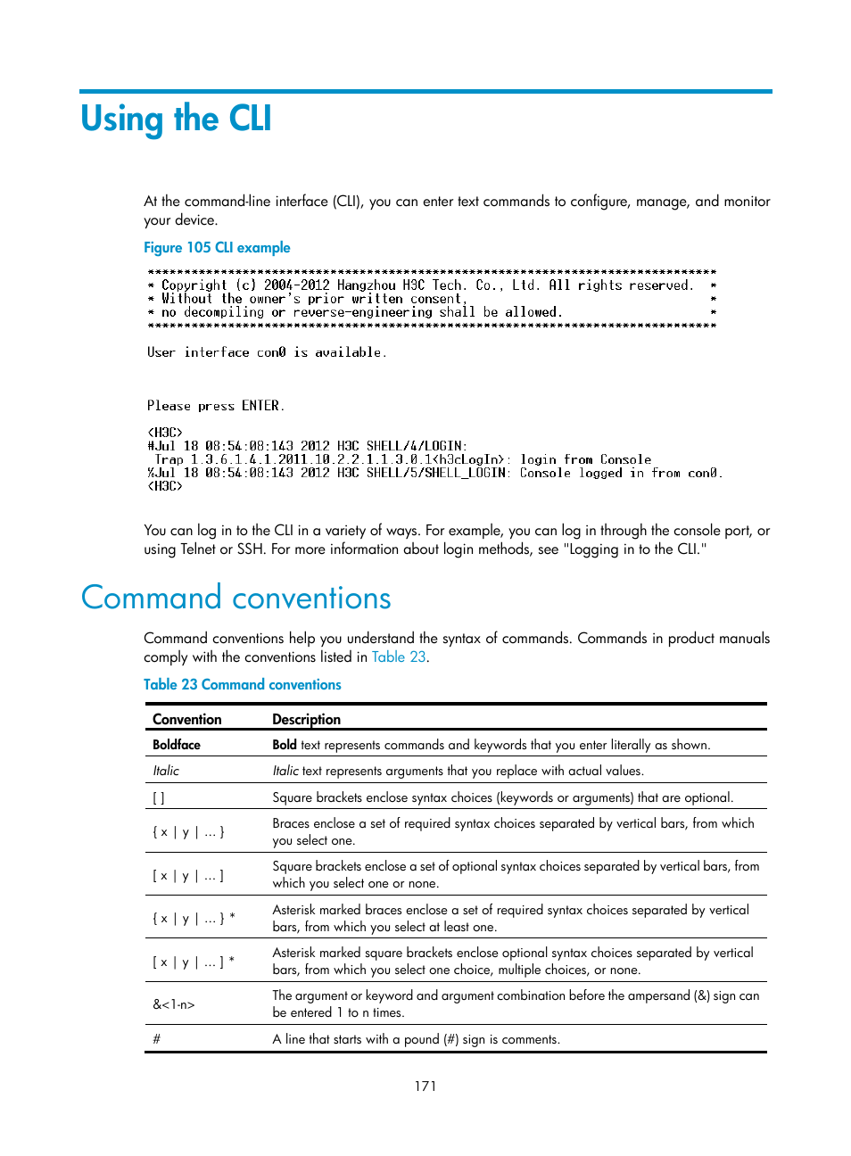 Using the cli, Command conventions | H3C Technologies H3C SecBlade LB Cards User Manual | Page 181 / 196