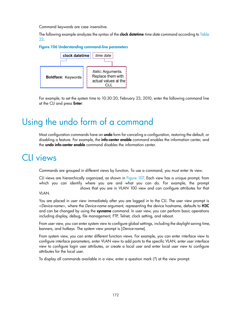 Using the undo form of a command, Cli views | H3C Technologies H3C SecBlade LB Cards User Manual | Page 182 / 196
