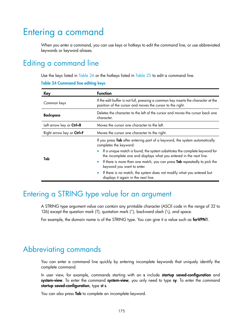 Entering a command, Editing a command line, Entering a string type value for an argument | Abbreviating commands | H3C Technologies H3C SecBlade LB Cards User Manual | Page 185 / 196