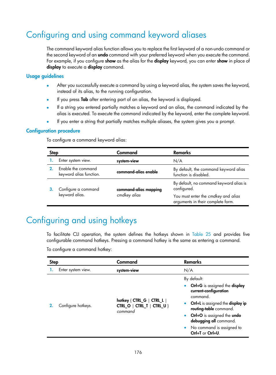 Configuring and using command keyword aliases, Usage guidelines, Configuration procedure | Configuring and using hotkeys | H3C Technologies H3C SecBlade LB Cards User Manual | Page 186 / 196