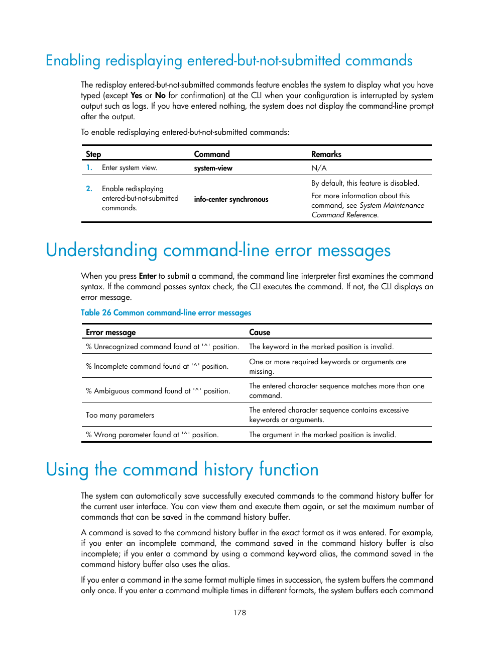 Understanding command-line error messages, Using the command history function | H3C Technologies H3C SecBlade LB Cards User Manual | Page 188 / 196
