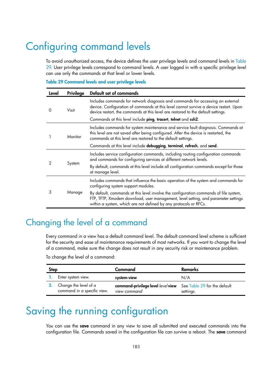 Configuring command levels, Changing the level of a command, Saving the running configuration | H3C Technologies H3C SecBlade LB Cards User Manual | Page 193 / 196