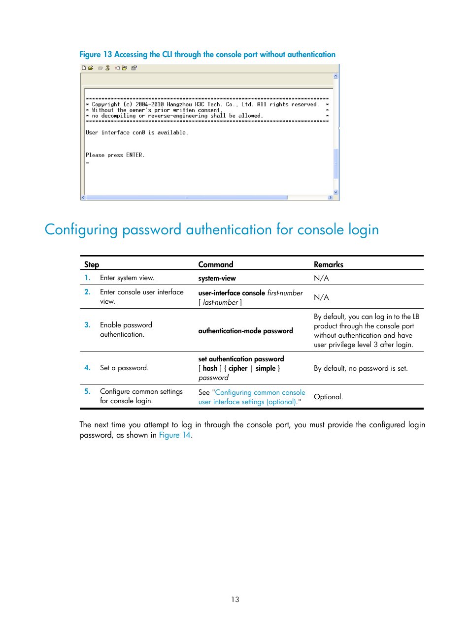 Configuring password, Authentication for console, Login | N in, Figure 13 | H3C Technologies H3C SecBlade LB Cards User Manual | Page 23 / 196