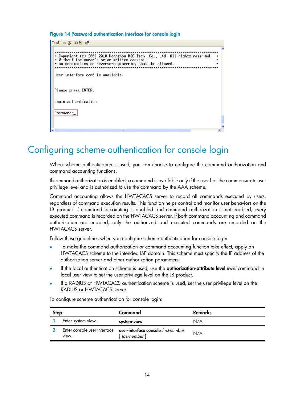 Configuring scheme, Authentication for console login, N in | Figure 14 | H3C Technologies H3C SecBlade LB Cards User Manual | Page 24 / 196