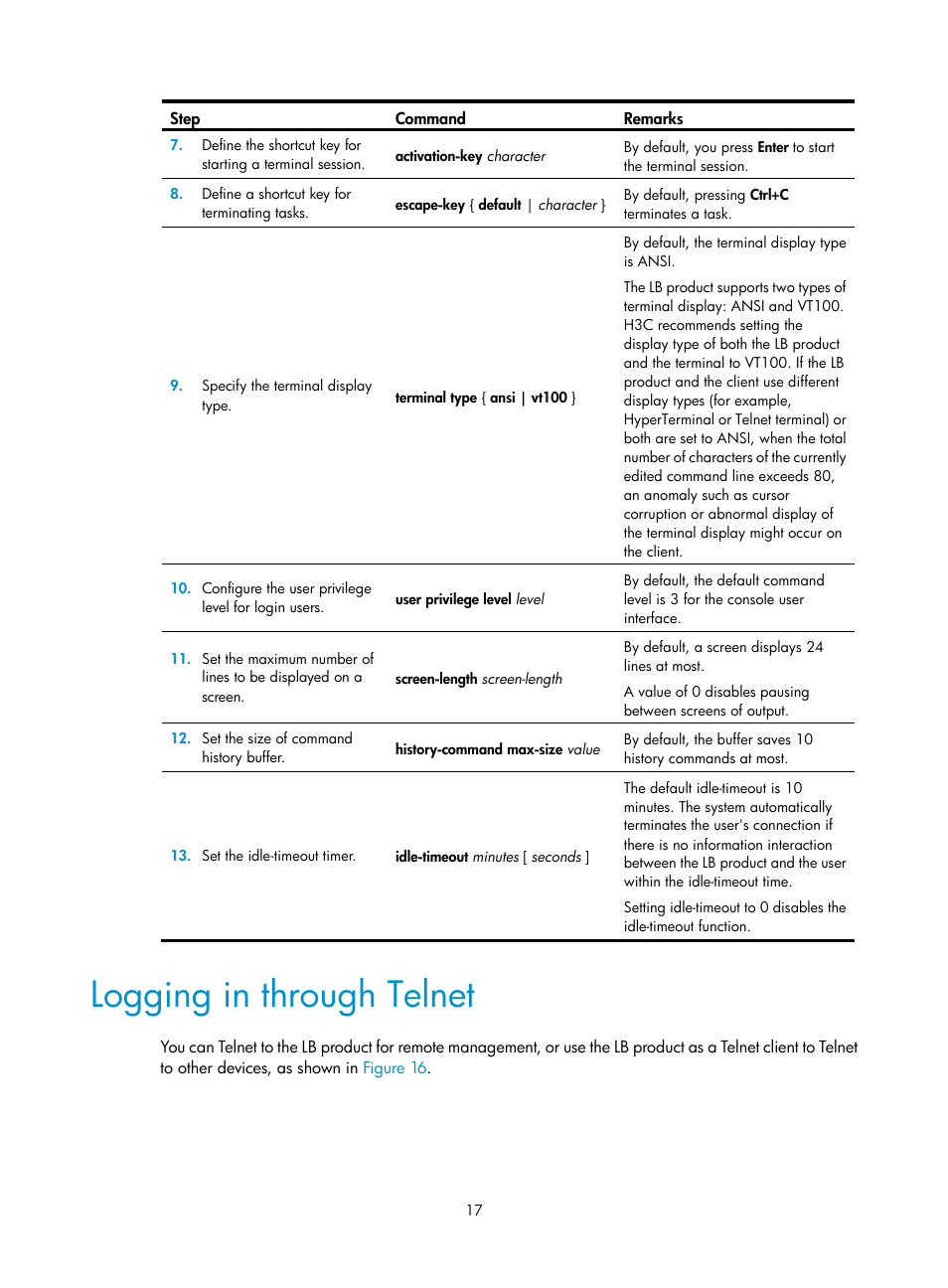 Logging in through telnet | H3C Technologies H3C SecBlade LB Cards User Manual | Page 27 / 196