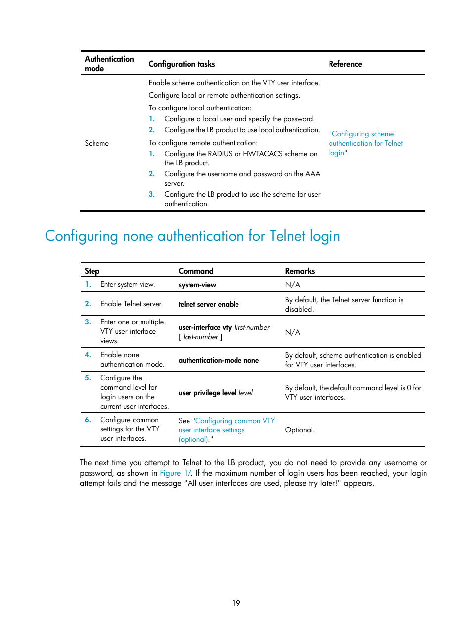 Configuring none authentication for telnet login, Configuring none, Authentication for telnet | Login | H3C Technologies H3C SecBlade LB Cards User Manual | Page 29 / 196