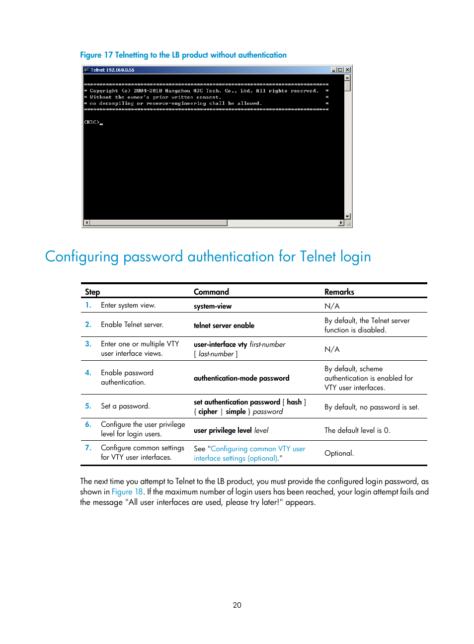 Configuring password, Authentication for telnet login, Figure 17 | H3C Technologies H3C SecBlade LB Cards User Manual | Page 30 / 196