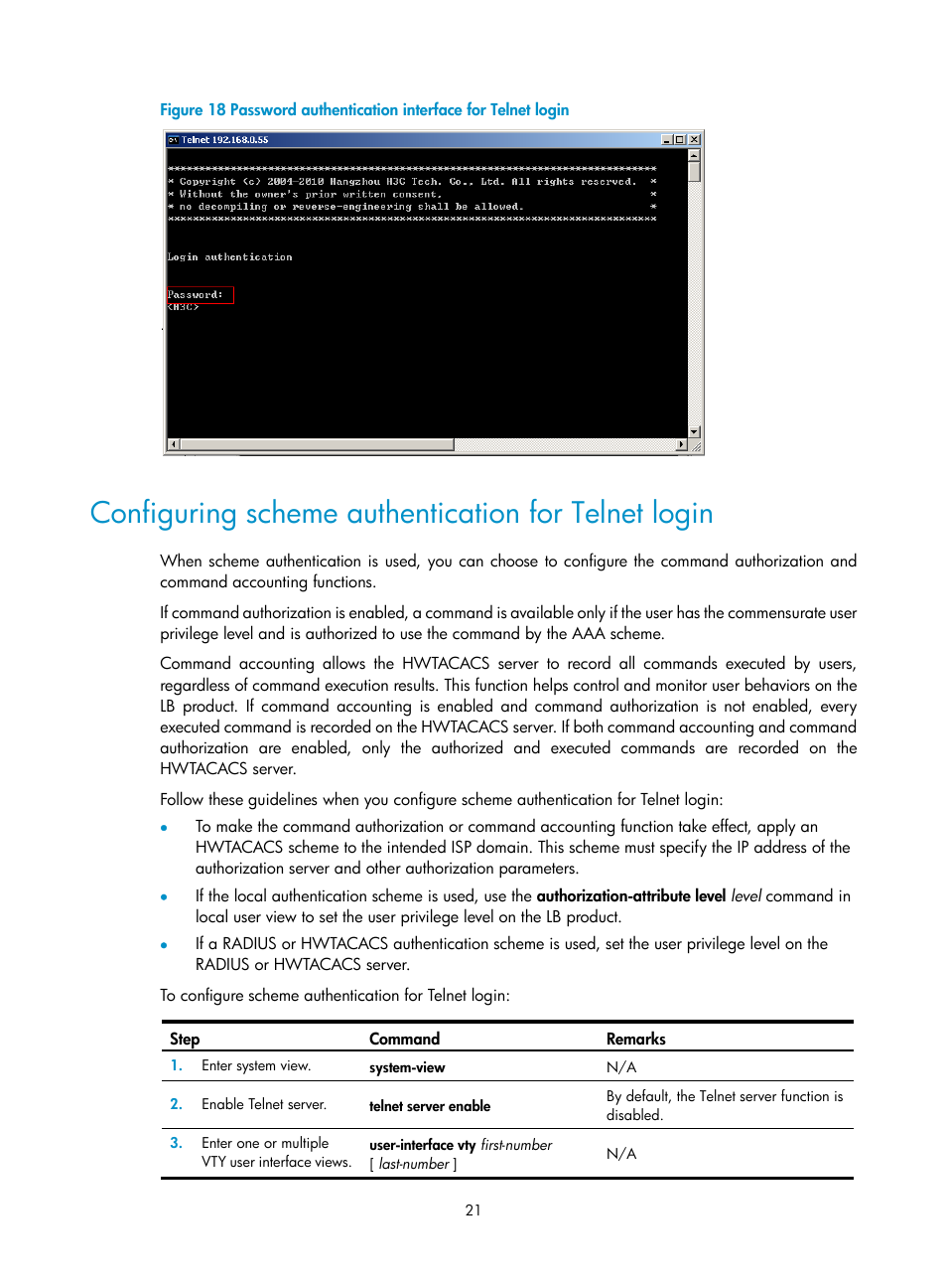Configuring scheme authentication for telnet login, Configuring scheme, Authentication for telnet | Login, Figure 18 | H3C Technologies H3C SecBlade LB Cards User Manual | Page 31 / 196