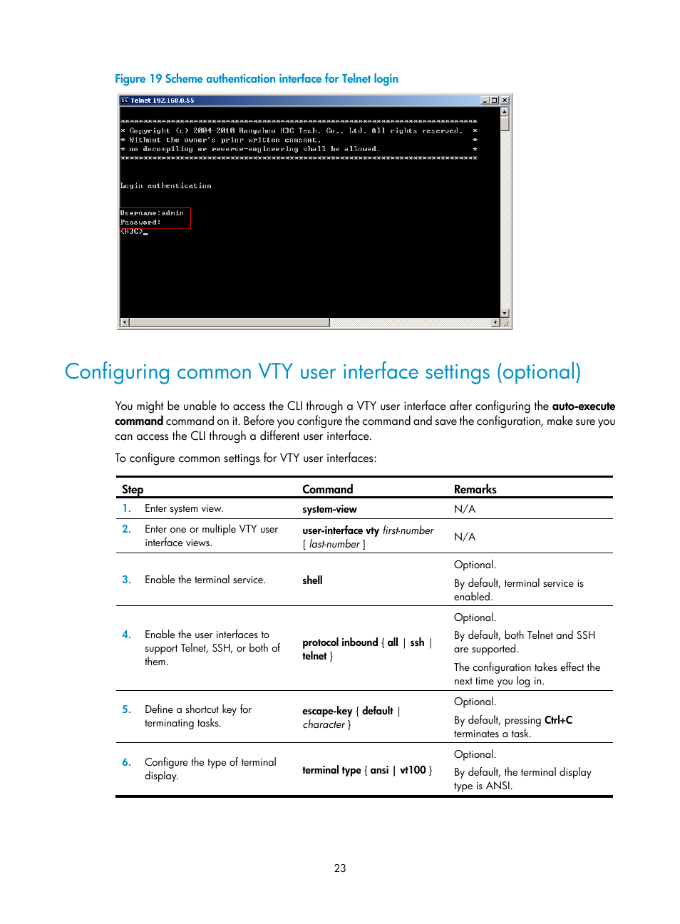 Configuring common vty, User interface settings, Optional) | Configuring common vty user, Interface settings (optional), Figure 19, If y | H3C Technologies H3C SecBlade LB Cards User Manual | Page 33 / 196