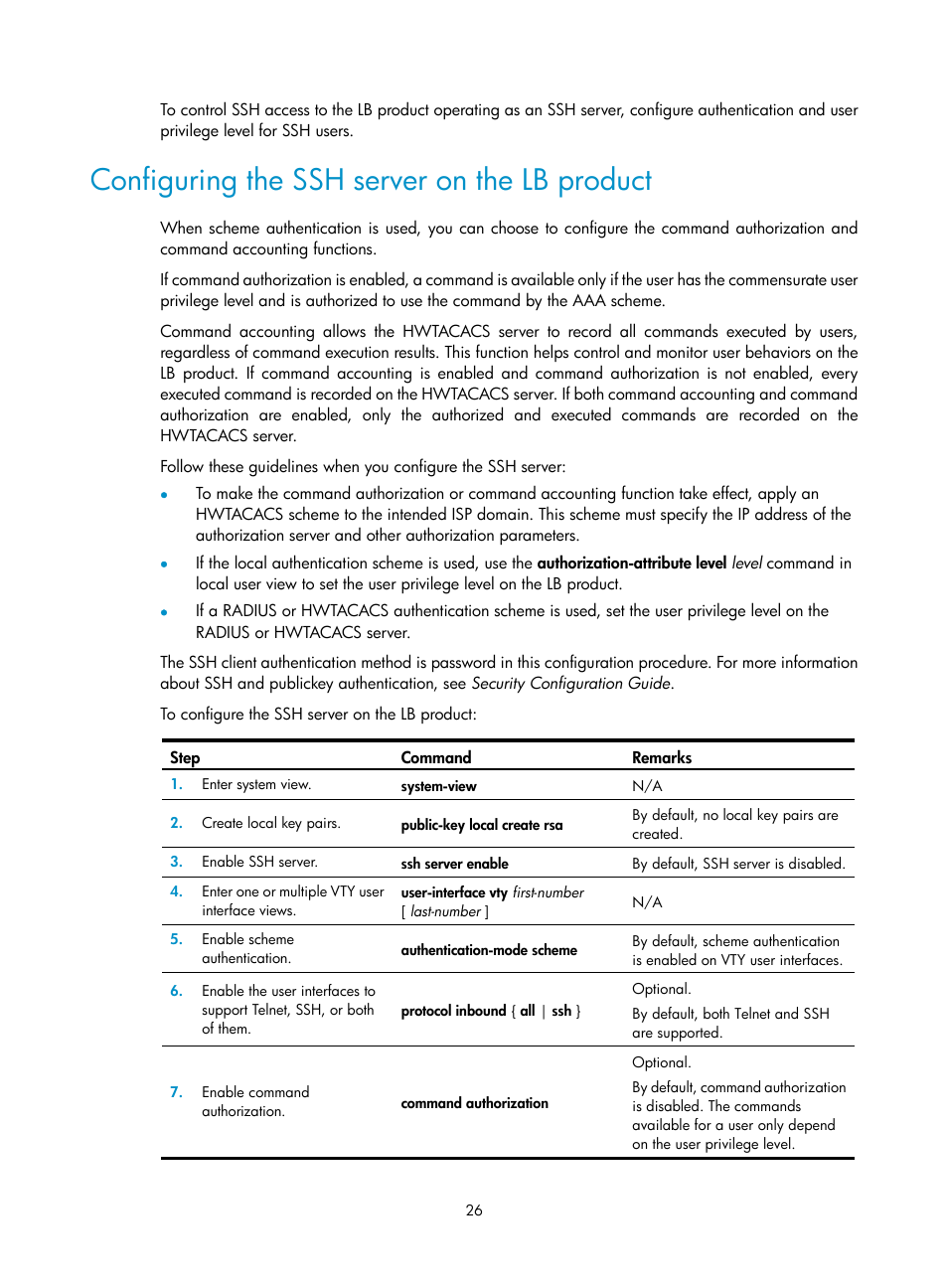 Configuring the ssh server on the lb product | H3C Technologies H3C SecBlade LB Cards User Manual | Page 36 / 196